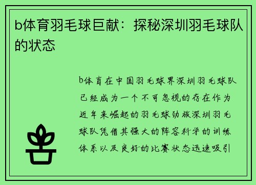 b体育羽毛球巨献：探秘深圳羽毛球队的状态